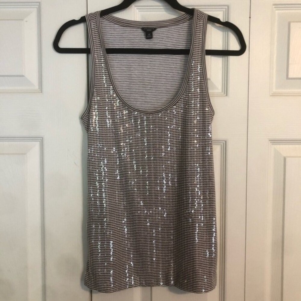 ANN TAYLOR Small Petite Brown White Sequin Tank Top Striped Bling Layering